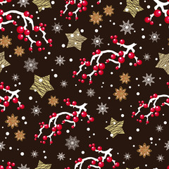 Seamless pattern with night stars and berries 