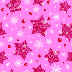 Seamless pattern with purple stars and winter snowflakes 