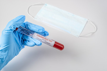 Test tube with blood sample Covid-19 (coronavirus). Laboratory testing blood. Vaccine and syringe injection It use for prevention, immunization and treatment from COVID