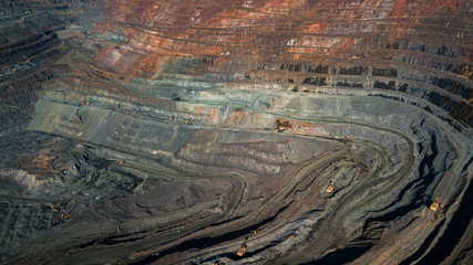 Aerial view of the Iron ore mining, Panorama of an open-cast mine extracting