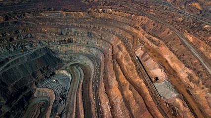 Aerial view of the Iron ore mining, Panorama of an open-cast mine extracting