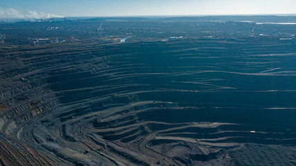 Aerial view of the Iron ore mining, Panorama of an open-cast mine extracting