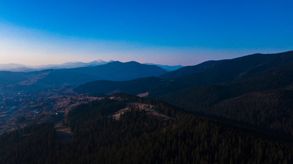 Carpathian mountains landscape pine forest needles aerial photography.