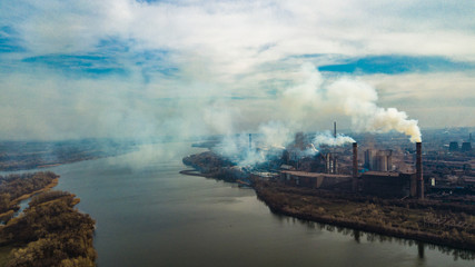 metallurgical production plant full cycle smoke from pipes bad ecology aerial photography