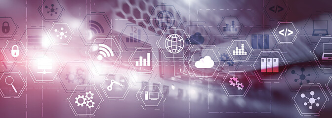Industry technology concept. Mixed Media virtual screen. Manufacturing wireless computing future technology server room.