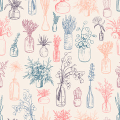 Hand drawn vector seamless pattern. Vintage sketches of vases, bottles, and jars of flowers and plants. Gentle floral background. Original botanical wallpaper. For wrap, textile, postcards, print.