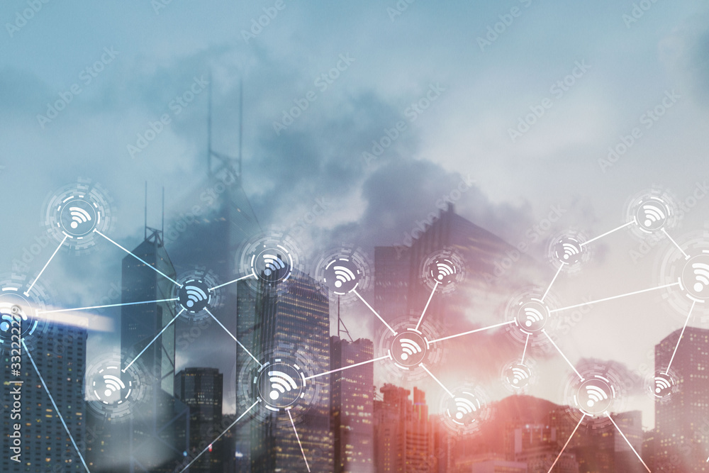 Poster wi-fi icon on the modern city of the future. wireless network connection. hong kong abstract image.