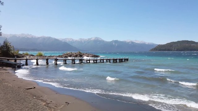 Pier in Bosque de Arrayanes with Nahuel Huapi lake in background, Villa La Angostura, Patagonia Argentina