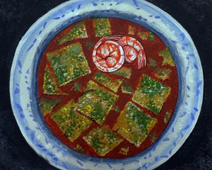 Art painting Acrylic color Realistic Food from Thailand , Sour Curry with Vegetable Omelet