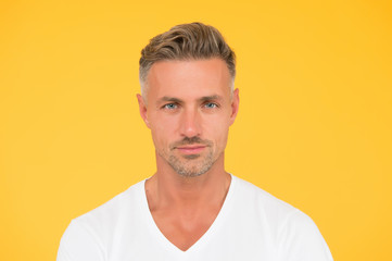 Obraz premium Preoccupied with own beauty. Take ageing with respect. Grizzle hair. Deal with gray roots. Man attractive well groomed facial hair. Barber and hairdresser. Man mature good looking model. Hair shampoo