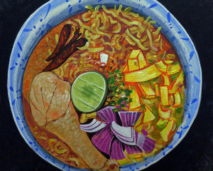Art painting Acrylic color Realistic   northern food   from Thailand , Khao Soi 