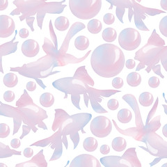 Bright light pink- blue fish- bubbles seamless pattern white isolated