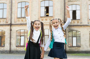 Celebrate last day of school year. Happy children celebrate outdoors. Celebrate school holidays....
