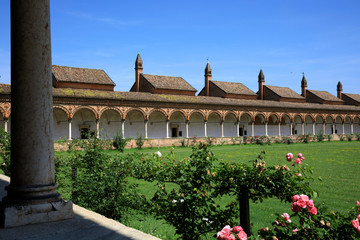 Obraz premium Pavia (PV), Italy - June 09, 2018: Certosa di Pavia area and Carthusian Monastery inside area detail, Pavia, Lombardy, Italy