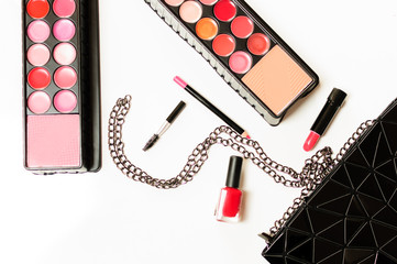 Make up cosmetic bag with professional accessories. Lipsticks and brushes in a black cosmetic bag in white background