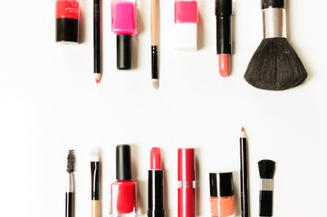 Makeup cosmetics tools background and beauty cosmetics. Isolated cosmetics products and facial cosmetics package lipstick, eyeshadow