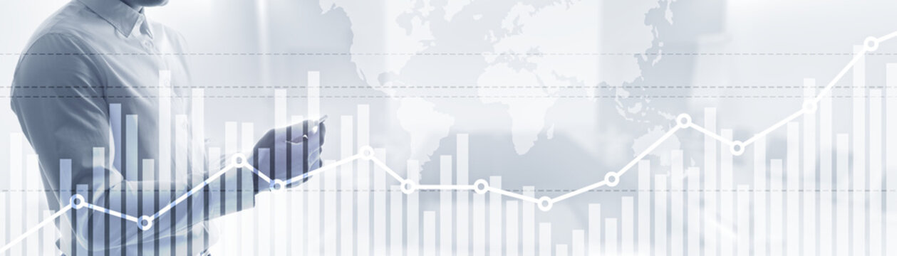 Double exposure global world map on business financial stock market trading background.