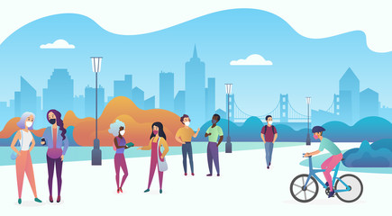 Naklejka premium People wearing medical masks to prevent coronavirus 2019-nCoV, COVID-19, SARS-CoV-2 walk in the urban city public park vector illustration.