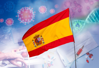 Coronavirus (COVID-19) outbreak and coronaviruses influenza background as dangerous flu strain cases as a pandemic medical health risk. Spain covered in surgical masks to protect against Coronavirus. 