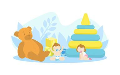 Cute Tiny Babies Playing with Giant Toys, Happy Childhood Vector Illustration