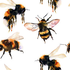 Watercolor seamless pattern. Bumblebee/bee, insects. Watercolor hand-drawn elements - 332225004