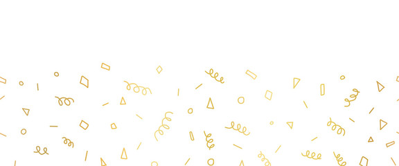 Golden Party doodles seamless vector border. Abstract hand drawn gold foil shapes repeating pattern. Twirls, confetti, for card decoration, kids birthday, footer, party invitation