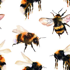 Watercolor seamless pattern. Bumblebee/bee, insects. Watercolor hand-drawn elements - 332225088