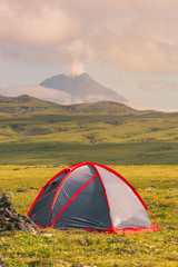 Dramatic views of the volcanic landscape. Kamchatka Peninsula.