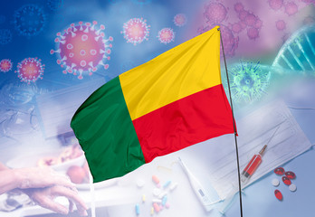 Coronavirus (COVID-19) outbreak and coronaviruses influenza background as dangerous flu strain cases as a pandemic medical health risk. Benin Flag with corona virus and their prevention.