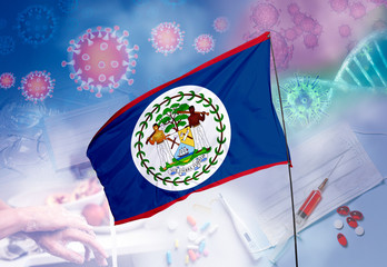Coronavirus (COVID-19) outbreak and coronaviruses influenza background as dangerous flu strain cases as a pandemic medical health risk. Belize Flag with corona virus and their prevention.