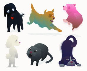 Set of funny, hilarious dogs and cats in actions - characters/ icon design, soft pastel gradient colorful vector 