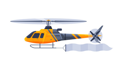 Helicopter with Blank Banner Flying in the Sky, Modern Air Vehicle with White Ribbon for Advertising Vector Illustration