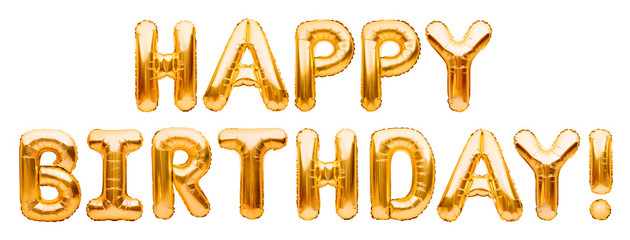 Words HAPPY BIRTHDAY made of golden inflatable balloons isolated on white background. Gold foil...