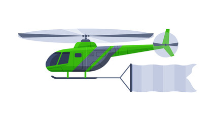 Flying Helicopter with Blank Horizontal Banner, Green Air Vehicle with White Ribbon for Advertising Flat Vector Illustration