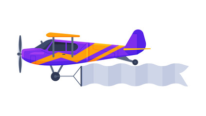 Flying Biplane with Blank Horizontal Banner, Retro Air Vehicle with White Ribbon for Advertising Flat Vector Illustration