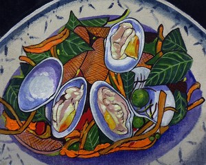 Art painting Acrylic color Realistic Food from Thailand , Spicy Stir Fried Clams