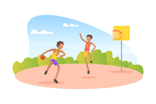 Teen Boys Wearing Uniform Playing Basketball on Playground on Summer Landscape Vector Illustration