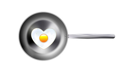 Fried eggs and realistic metal frying pan, top view isolated on white background. Vector illustration kitchen utensil. Can be use decorate for menu, paper, web, advertising, icon, brochure.