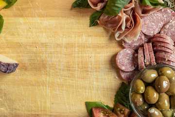 Gourmet Charcuterie Board Flat Lay Top Down with Copy Space