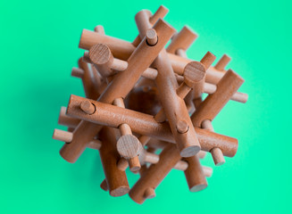 Wooden Brain Bamboo Puzzle on green background