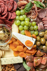 Close up Top Down Gourmet Charcuterie Board. Flat Lay with Selective focus.