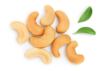 Roasted Cashew nuts isolated on white background with clipping path and full depth of field. Top view. Flat lay