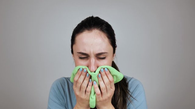 Close up sick young woman sneezing 4k