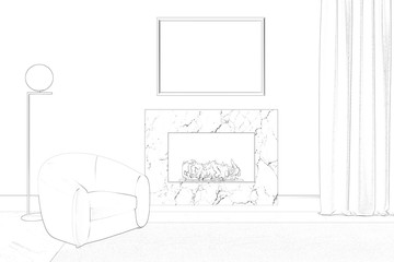  A sketch of a cozy living room with a horizontal poster above the fireplace, a modern lamp next to an armchair, a carpet on a parquet floor and a curtain. Front view .3d render