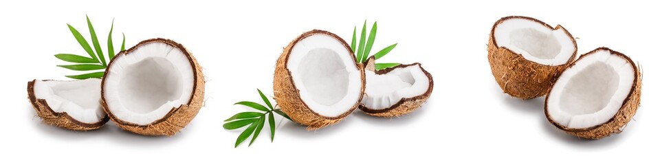 coconut with leaves isolated on white background. Set or collection - obrazy, fototapety, plakaty