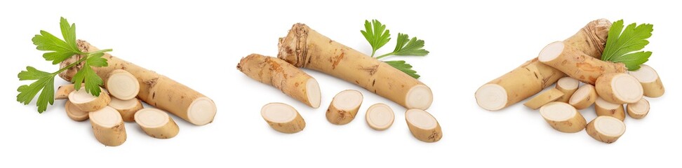 Horseradish root with slices and parsley isolated on white background