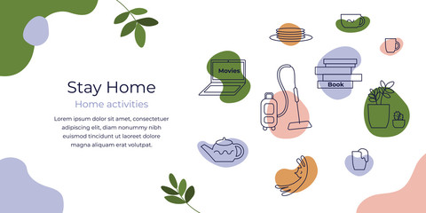 Stay home concept. Vector icons of care for houseplants, reading book, cleaning house, cooking, watching movies. Illustration of choosing home activities. Coronavirus quarantine. Flyer layout template