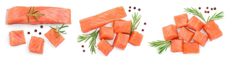 raw salmon piece cube with rosemary and peppercorn isolated on white background close up. Set or collection