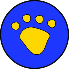 Yellow dog or cat paw print button pet vector icon on blue circle. Animal, pet, tracks, and footprints concepts.