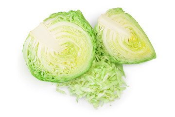 Green cabbage half isolated on white background with clipping path and full depth of field. Top view. Flat lay.